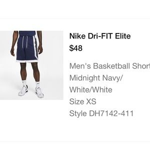 Nike Mens Dri-Fit Elite Shorts. Never worn side XS